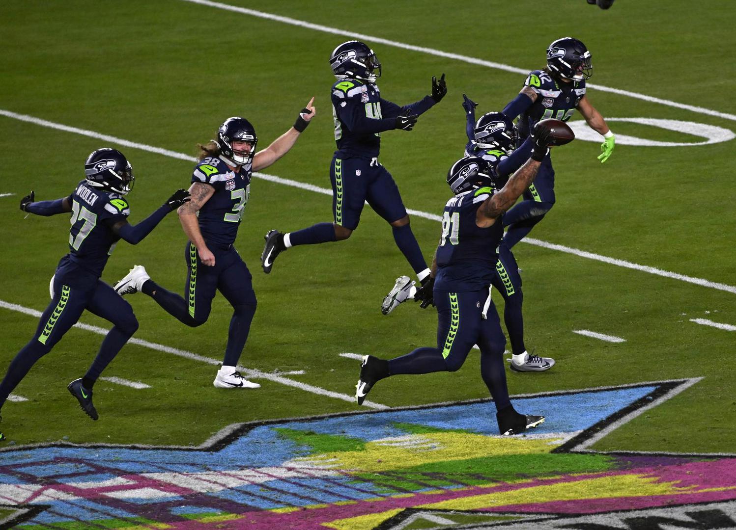 Seattle Seahawks defensive tackle Byron Murphy II (91) celebrates a fumble recovery New England Patriots quarterback Drake Maye (10) fumbles the ball during the NFL Super Bowl 60 LX football game between the New England Patriots and the Seattle Seahawks in Santa Clara, CA on Feb 8, 2026 Charles Baus/CSM.(Credit Image:  Charles Baus/Cal Sport Media) Photo via Newscom Photo: Charles Baus/NEWSCOM
