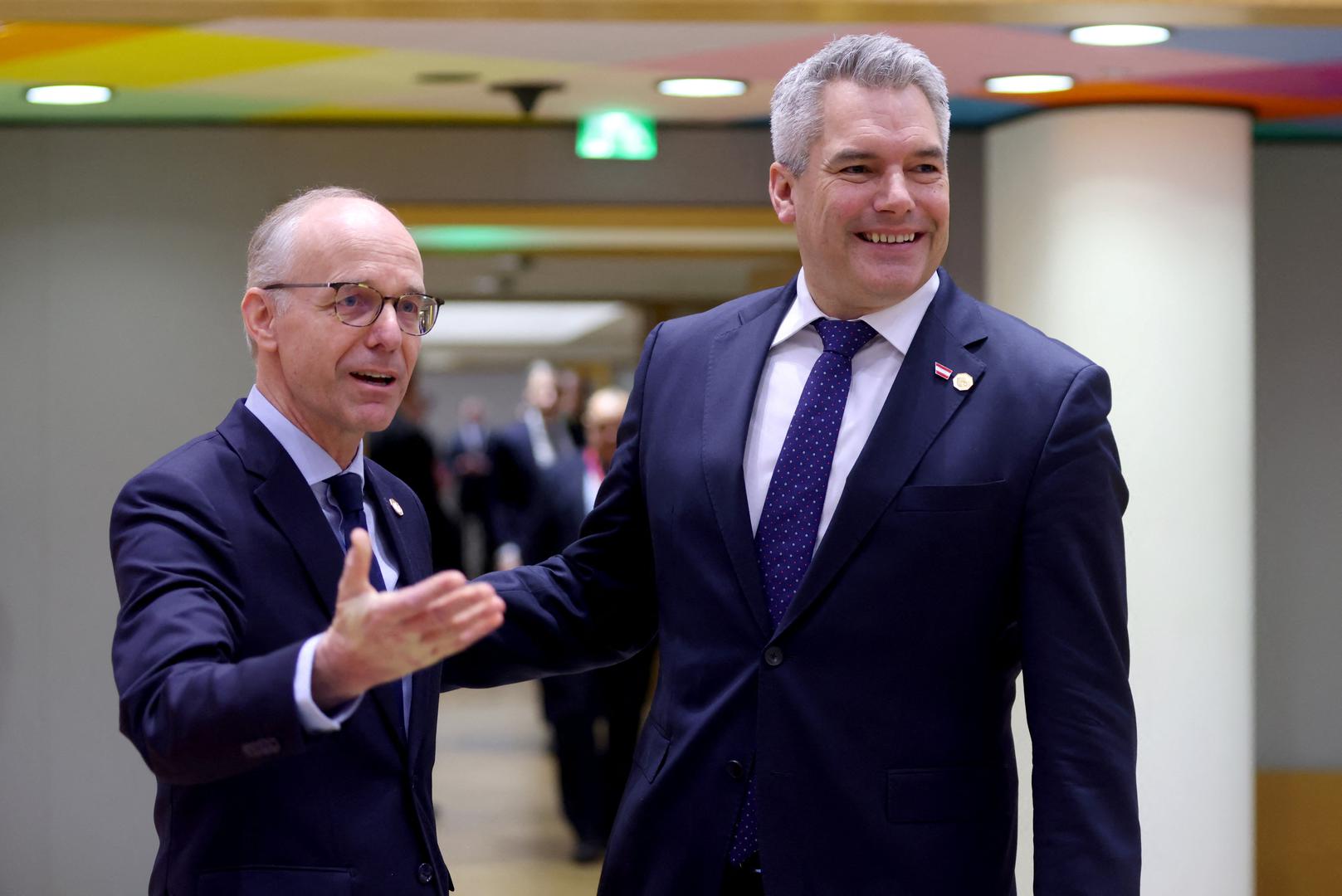 Austrian Chancellor Karl Nehammer and Luxembourg Prime Minister Luc Frieden attend a European Union summit in Brussels, Belgium February 1, 2024. REUTERS/Johanna Geron Photo: JOHANNA GERON/REUTERS