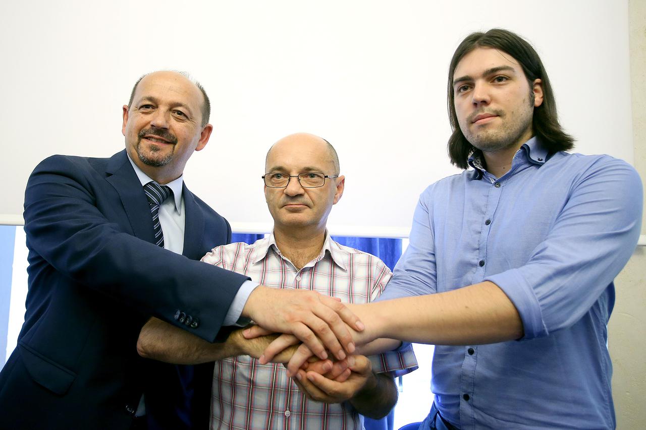 27.07.2016., Zagreb - Konferencija za medije Udruge Franak na kojoj su predstavili izbornu koaliciju s bivsim clanovima Mosta i Zivim zidom. Goran Aleksic, Ivan Lovrinovic, Ivan Vilibor Sincic.  Photo: 