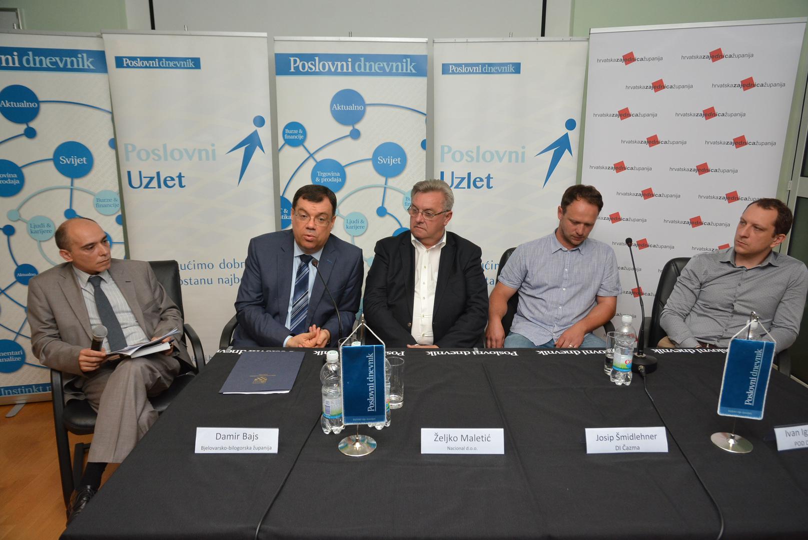 Glavni urednik Poslovnog dnevnika 
Vladimir Nišević, župan Damir Bajs i poduzetnici na panelu Poslovnog uzleta u Bjelovaru