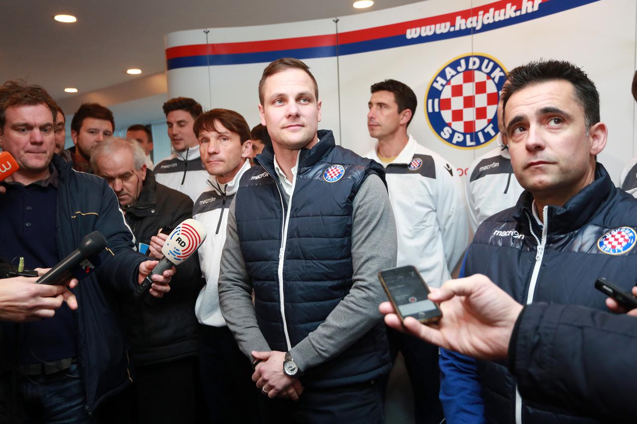 09.01.2017., Split - Na stadionu Poljud odrzana prozivka uoci pocetka priprema Hajduka.   Joan Carrio trener, Ivan Kos predsjednik Hajduka , Mario Branco sportski direktor.  Photo: Miranda Cikotic/PIXSELL