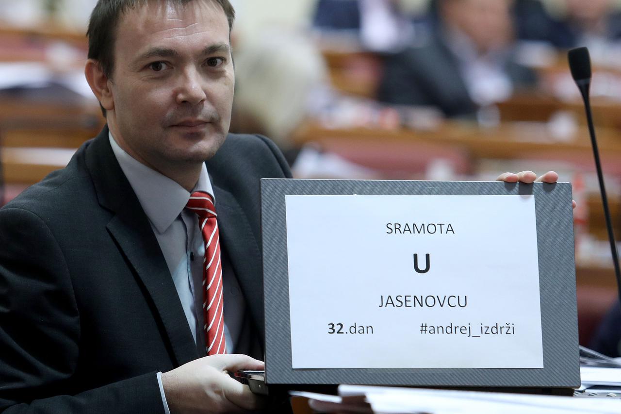 07.12.2016., Zagreb - Hrvatski sabor je drugu sjednicu nastavio raspravom o konacnom prijedlogu zakona o uspostavi infrastrukture za alternativna goriva. Bojan Glavasevic i Arsen Bauk s plakatom 