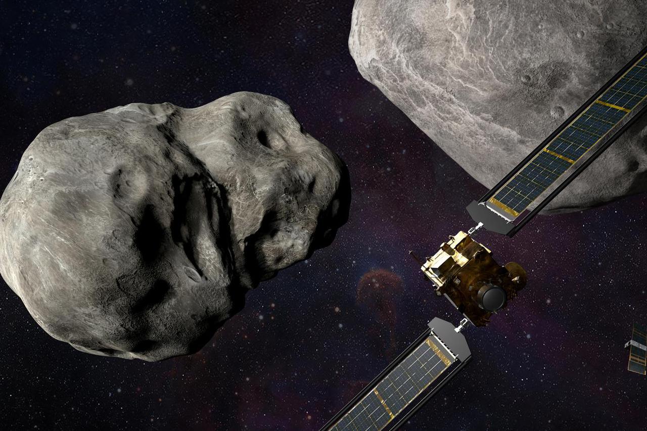 illustration of NASA’s DART spacecraft and the Italian Space Agency’s (ASI) LICIACube prior to impact at the Didymos binary system