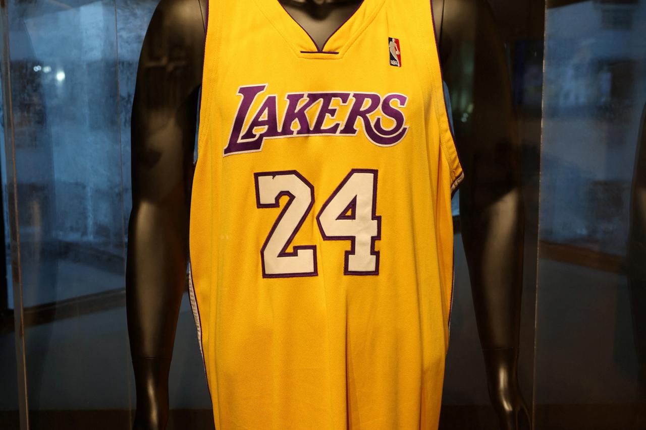 Kobe Bryant's Los Angeles Lakers jersey, worn during the 2010 NBA playoffs, being auctioned during Sotheby's Winter Sports Classic sale in New York