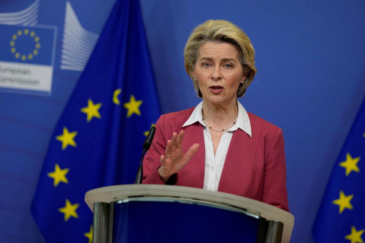 European Commission President Ursula von der Leyen speaks during a news conference in Brussels