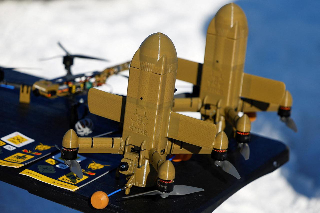 FILE PHOTO: STING FPV interceptor drone is displayed at an exhibition of Ukrainian drone makers in an undisclosed location in Ukraine