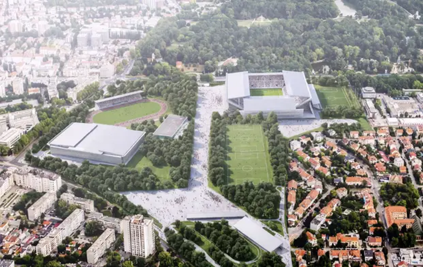 NAGRADA (291.200,21 €) Rad se ističe izrazito učinkovitim i dobro uravnoteženim urbanističkim konceptom, utemeljenim na istodobnoj prisutnosti intenzivno urbanog i intenzivno zelenog karaktera. Sportski grad oblikovan je kao integrirani sustav autonomnih arhitektonskih figura smještenih unutar kontinuiranog pejzaža. Posebno je uvjerljivo prepoznavanje glavnih urbanih pravaca: dijagonalne veze od prometnog čvorišta Borongaj, preko koso postavljenog atletskog stadiona, prema glavnoj osi parka Maksimir. Prometno čvorište nadilazi svoju infrastrukturnu ulogu i postaje velika javna platforma i ceremonijalni ulaz u kompleks – mjesto okupljanja i pripreme za sportski spektakl. Identitet i duh izvornog stadiona Maksimir polazište su za koncepciju ovog prijedloga. Tribine su oblikovane kao niz lomljenih ploha koje istodobno nose krov, organiziraju komunikacije i uokviruju ulaze prema gradu i parku. Kompaktna forma gledališta zadržava zatvorenu i intenzivnu atmosferu utakmice, dok procjepi između tribina otvaraju stadion prema okolnoj šumi i javnim prostorima. U širem obuhvatu atletski stadion, sportske dvorane i prometni sadržaji postavljeni su kao autonomni volumeni unutar kontinuiranog šumskog pejzaža koji povezuje park Maksimir i Borongaj.