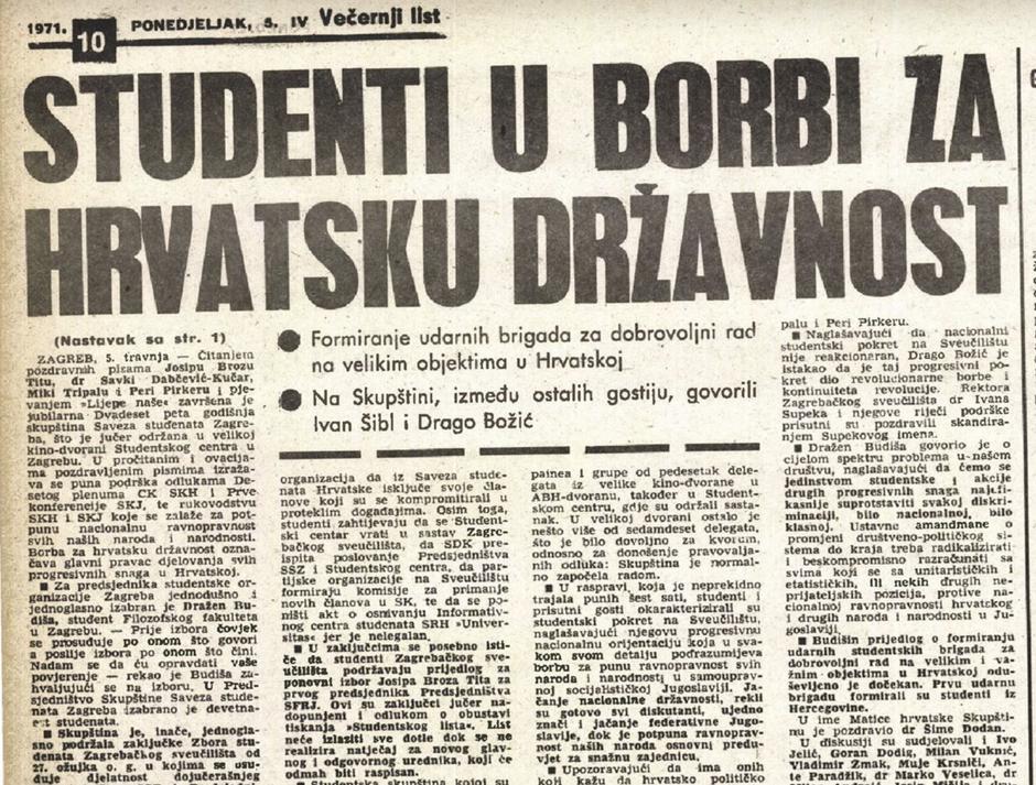 "Studenti u borbi za hrvatsku državnost". Večernji list br. 3603, 5. travnja 1971, str. 10.
