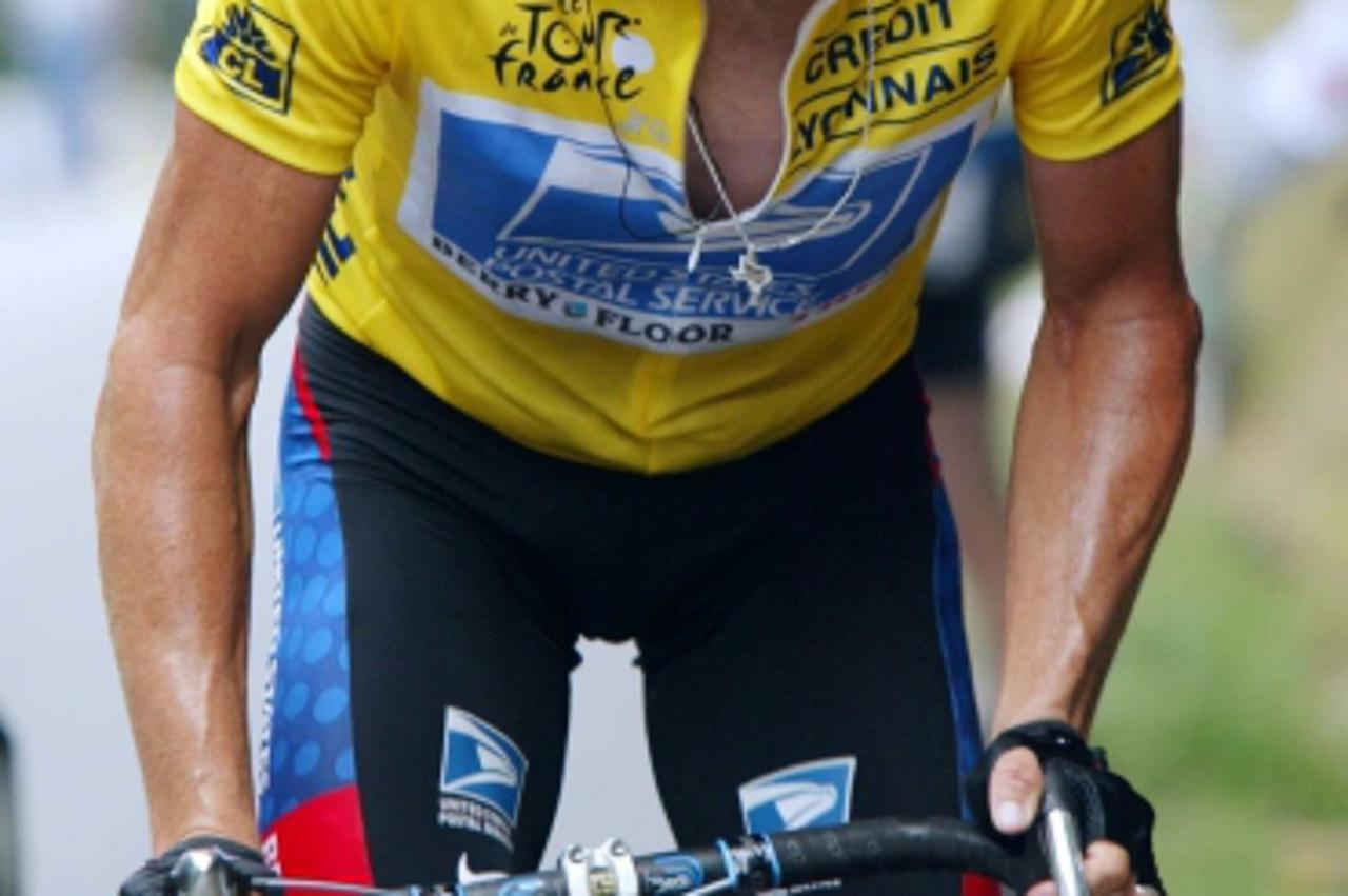 '(dpa) - US cyclist and front-runner Lance Armstrong (Team US Postal-Berry Floor) struggles during the 15th stage of the Tour de France in Luz Ardiden in the Pyrenees, France, 21 July 2003. Despite a 