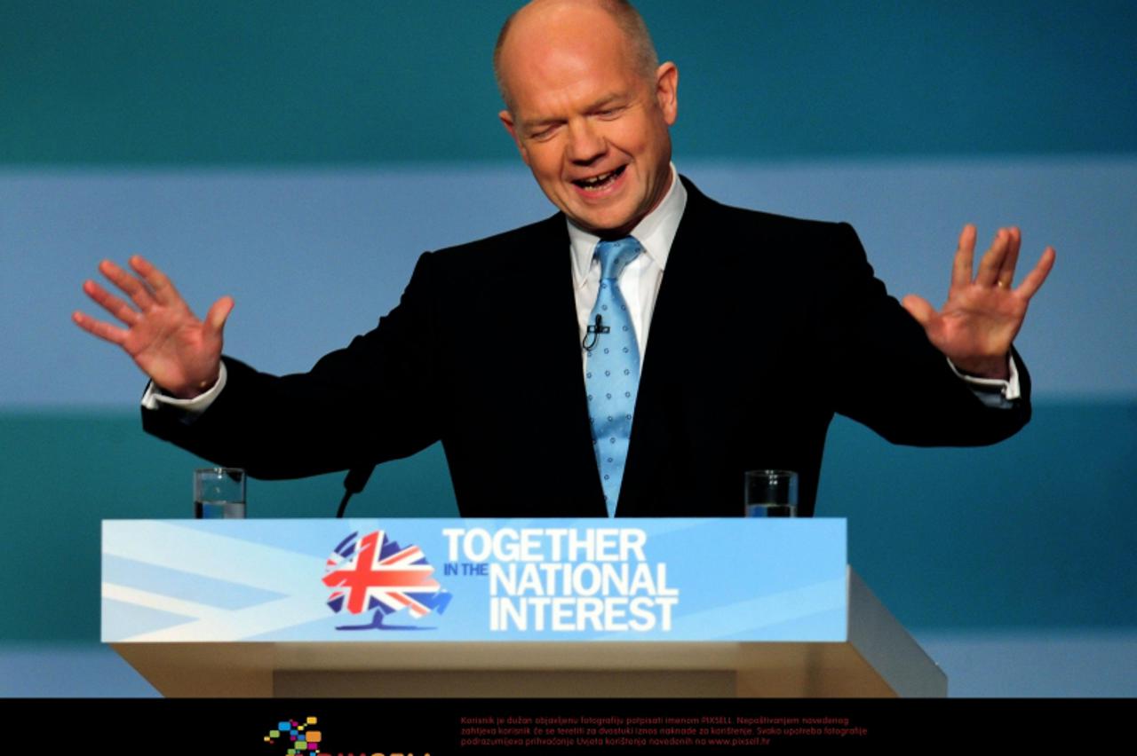 'Foreign Secretary William Hague speaks during the Conservative Party Annual Conference\'s debate on Defence and Foreign Affairs at the ICC in Birmingham. Photo: Press Association/Pixsell'