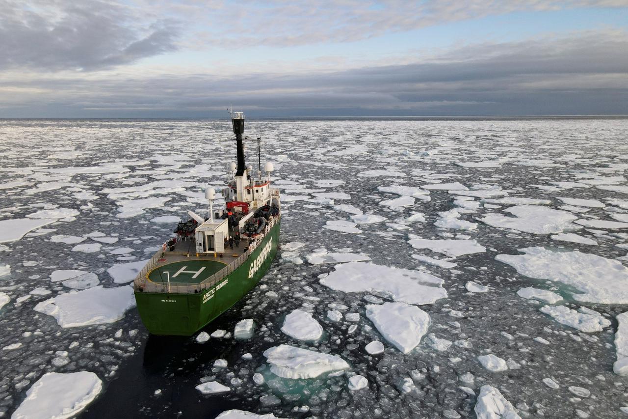 Greenpeace's Arctic Sunrise ship navigates through floating ice in the Arctic Ocean