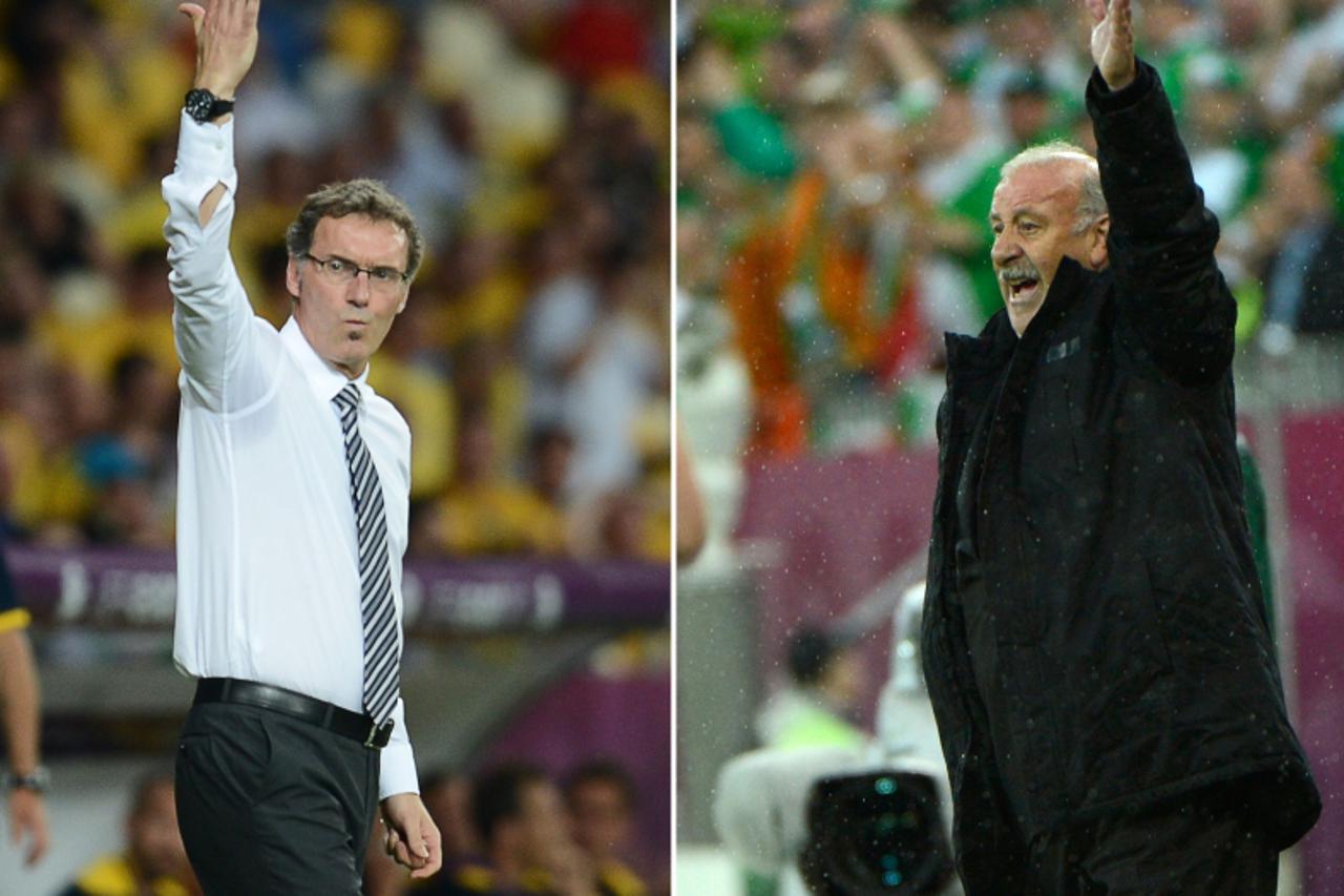 'A combination of pictures made on June 21, 2012 shows French headcoach Laurent Blanc on June 19, 2012 at the Olympic Stadium in Kiev and Spanish headcoach Vicente Del Bosque (R) on June 14, 2012. Fra