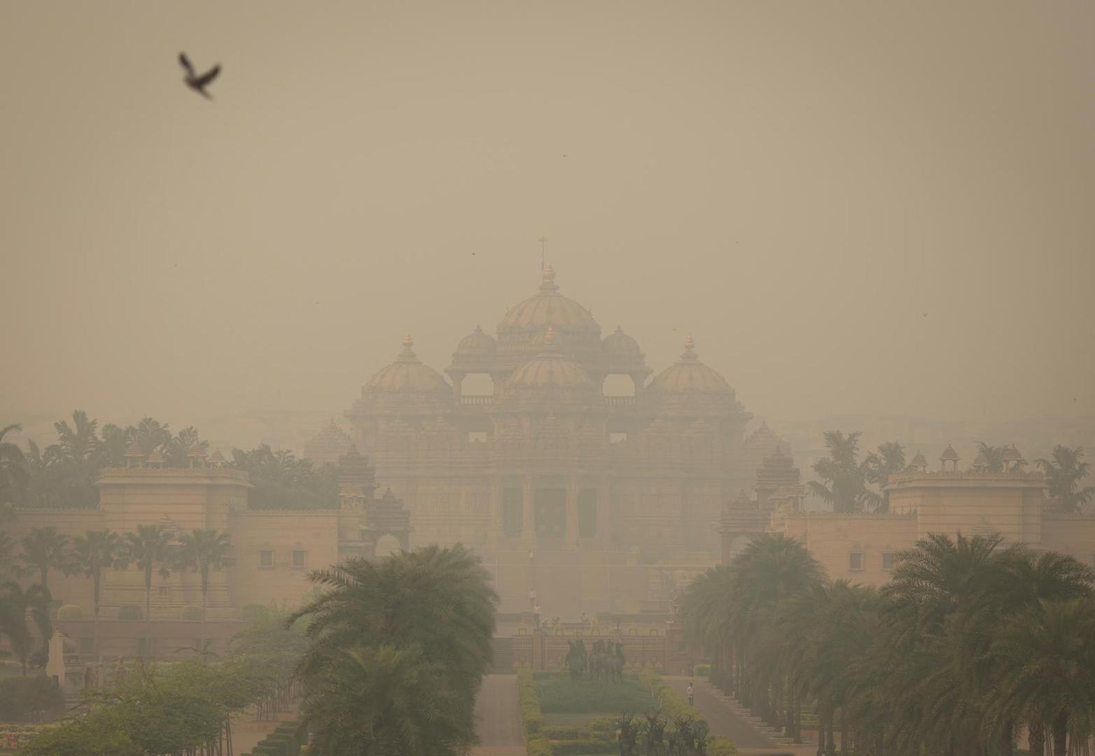 A bird flies next to the smog-covered Akshardham temple in New Delhi, India, November 4, 2022. On November 4 at 08:00 IST, Patparganj, the closest monitoring station, registered a PM 2.5 reading of 500, maxing out the scale.        REUTERS/Adnan Abidi         SEARCH "ABIDI POLLUTION INDIA" FOR THIS STORY. SEARCH "WIDER IMAGE" FOR ALL STORIES. Photo: ADNAN ABIDI/REUTERS