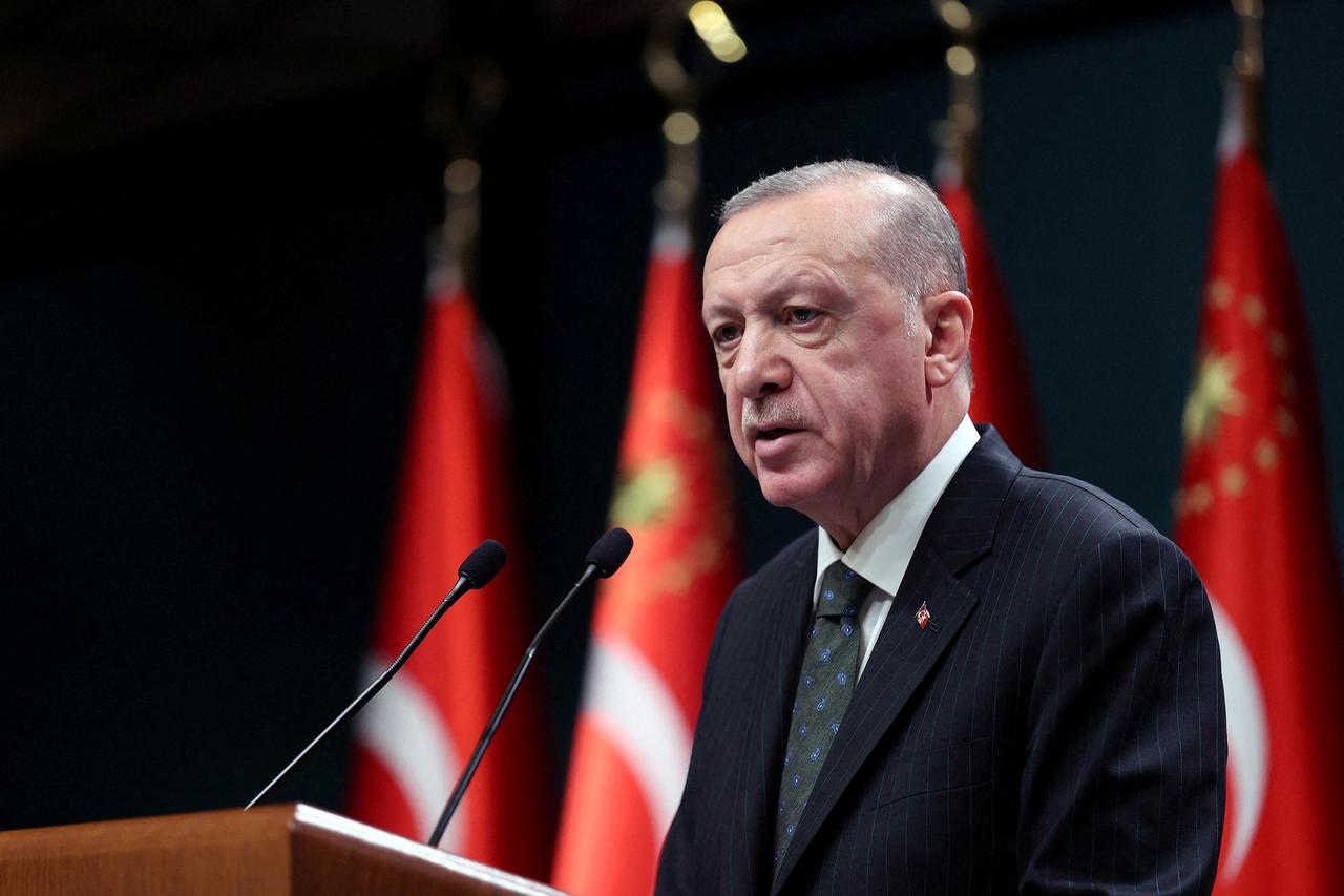 FILE PHOTO: Turkish President Tayyip Erdogan addresses the media after a cabinet meeting in Ankara