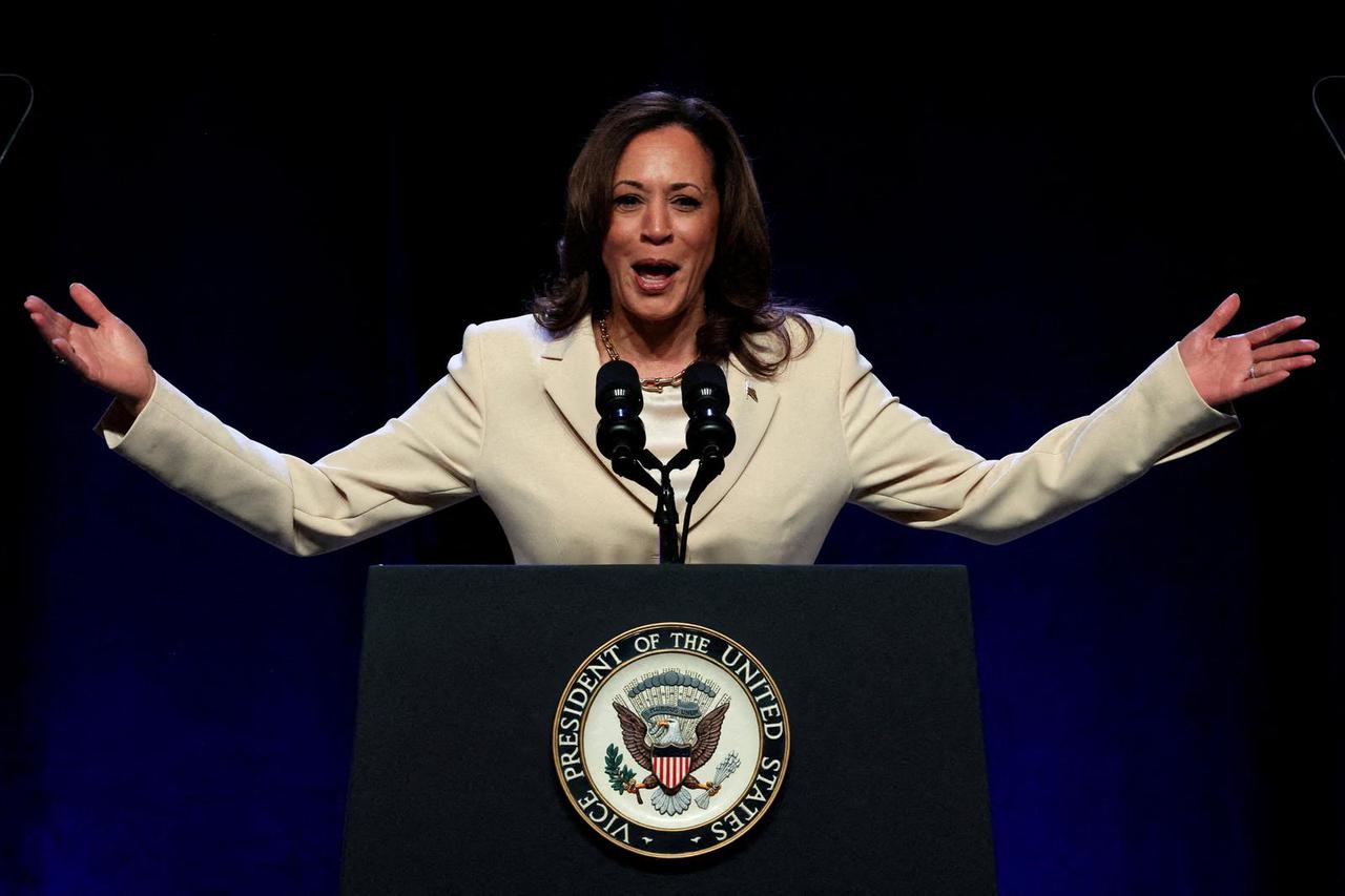 FILE PHOTO: U.S. Vice President Kamala Harris speaks in New York