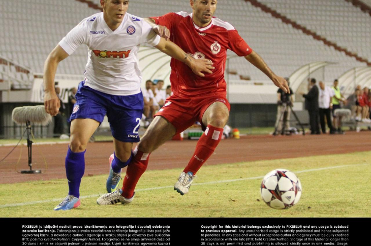 '18.07.2013., Poljud, Split - 2. pretkolo Europske lige, prva utakmica, HNK Hajduk Split (CRO) - FK Turnovo (MKD). Dino Mikanovic, Marjan Tasev.  Photo: Ivana Ivanovic/PIXSELL'
