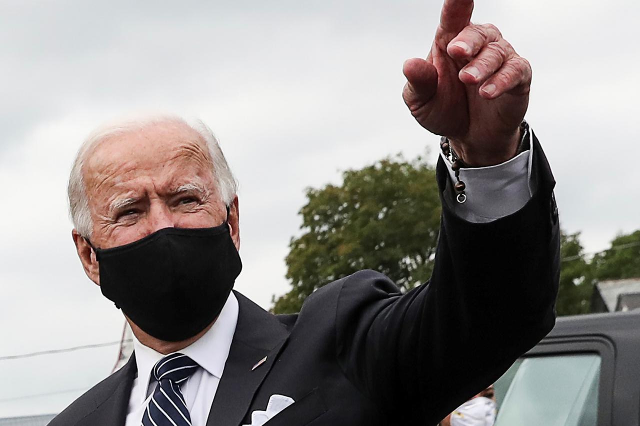 Democratic U.S. presidential nominee Joe Biden visits firefighters during September 11 observances in Shanksville, Pennsylvania
