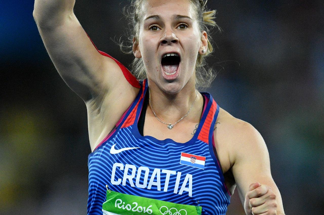 Sara Kolak of Croatia celebrates after winning the Women's Javelin Throw Final of the Olympic Games 2016 Athletic, Track and Field events at Olympic Stadium during the Rio 2016 Olympic Games in Rio de Janeiro, Brazil, 18 August 2016. Photo: Lukas Schulze/