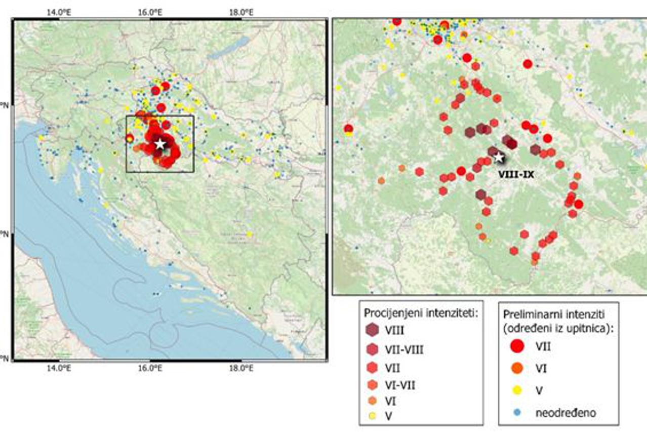 Preliminarna karta intenziteta za potres 29. prosinca 2020. godine u 12 h 19 min.