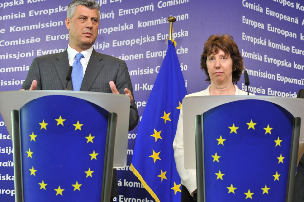'High Representative of the European Union for Foreign Affairs and Security Policy Catherine Ashton  (R) and Kosovo Prime Minister Hashim Thaci hold a press conference following their working session 
