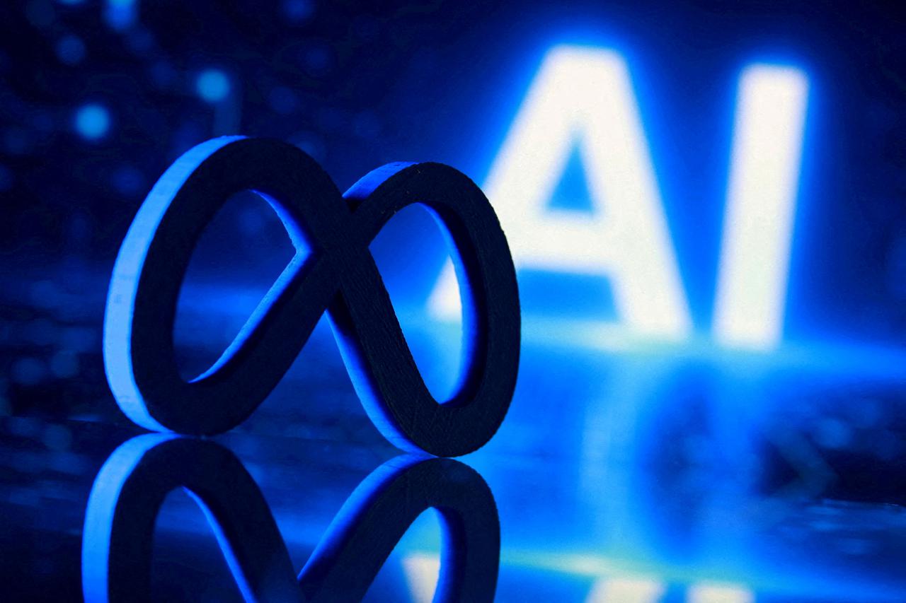 FILE PHOTO: Illustration shows 3D-printed Meta logo and word "AI\