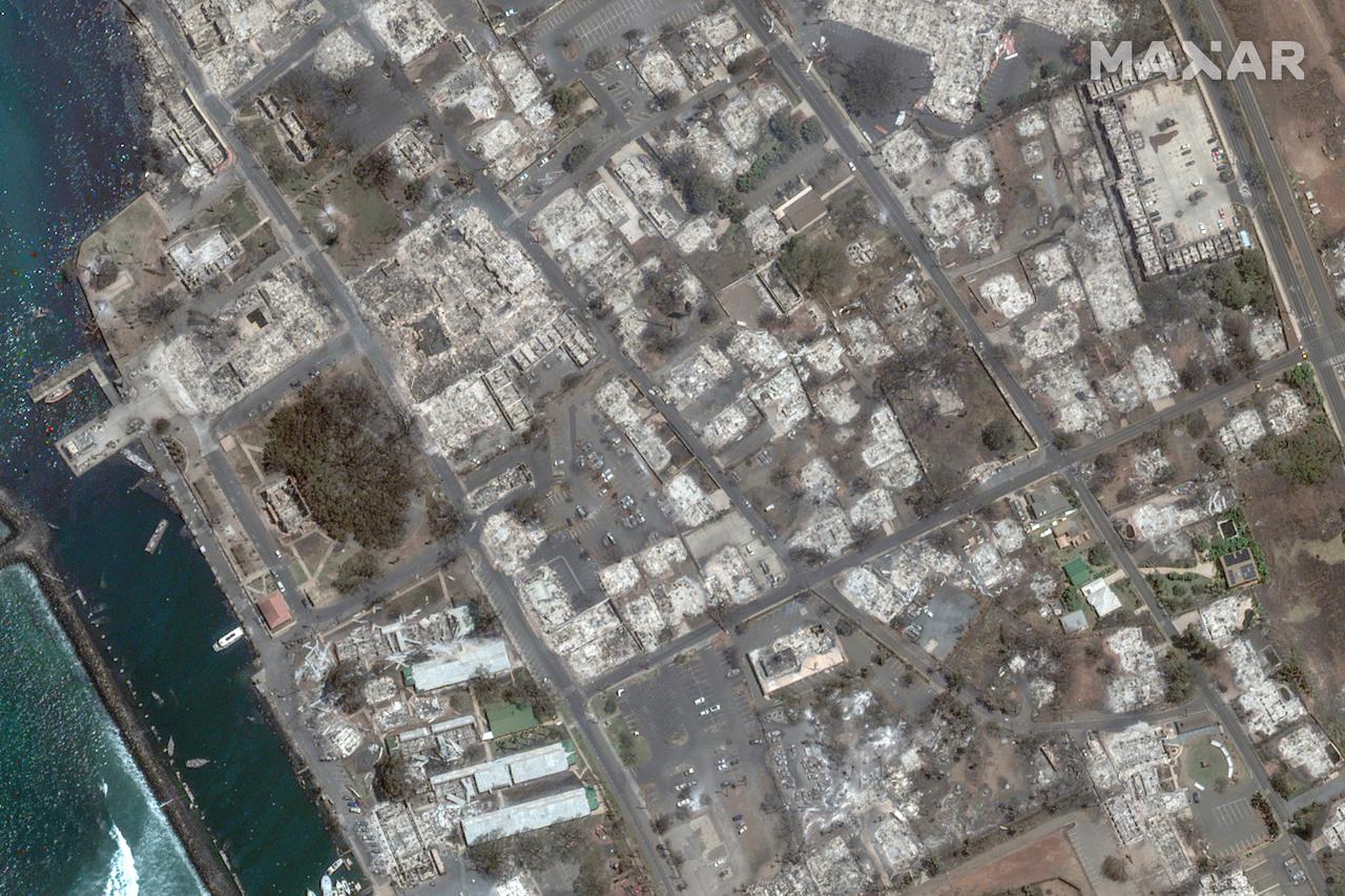 A satellite image shows an overview of wildfires in Lahaina, Maui County, in Hawaii