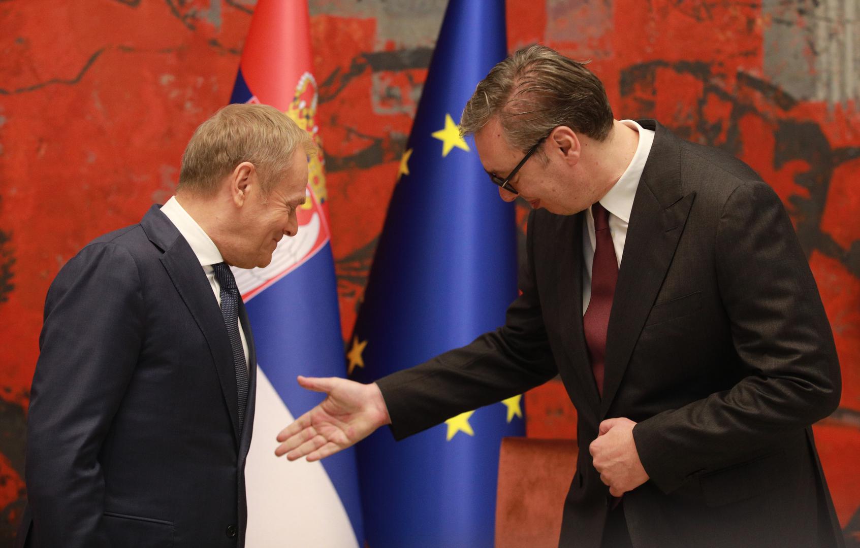 24, October, 2024, Belgrade - The President of the Republic of Serbia, Aleksandar Vucic, will host the Prime Minister of the Republic of Poland, Donald Tusk, who is on an official visit to the Republic of Serbia from October 23 to 24 - Tête-à-tête meeting between Aleksandar Vucic and Donald Tusk. Donald Tusk, Aleksandar Vucic. Photo: Milos Tesic/ATAImages 24, oktobar, 2024, Beograd - Predsednik Republike Srbije Aleksandar Vucic ugostice predsednika Vlade Republike Poljske Donalda Tuska koji boravi u zvanicnoj poseti Republici Srbiji od 23. do 24. oktobra. Photo: Milos Tesic/ATAImages Photo: Milos Tesic/ATA Images/PIXSELL