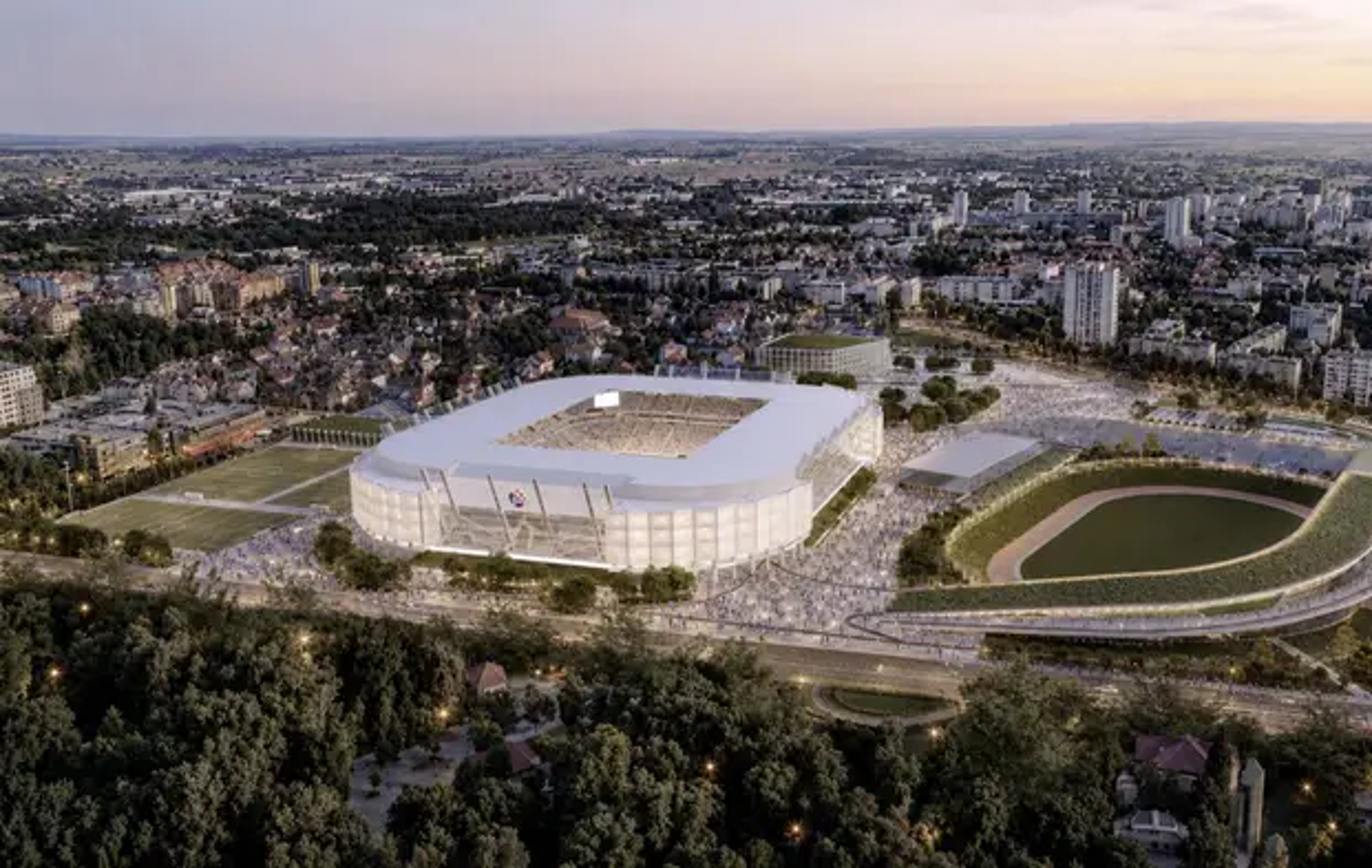 Izložena nosiva konstrukcija određuje identitet stadiona. Prozirna ETFE i polikarbonatna ovojnica obavija tri tribine, dok se sjever izdvaja kao zatvorena akustička školjka s jedinstvenim navijačkim sektorom. U anketnom dijelu stadion, kompaktni kamp Svetice i borongajsko čvorište organizirani su kao tri jasno odvojene cjeline, povezane nizom trgova, zelenih površina i pješačkih pravaca.