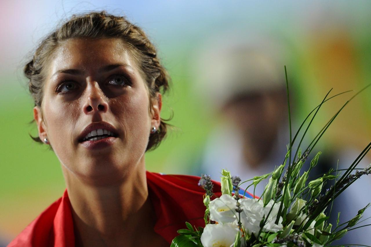 \'Croatia\'s Blanka Vlasic reacts after winning the women\'s high jump final at the 2010 European Athletics Championships at the Olympic Stadium in Barcelona on August 1, 2010.      AFP PHOTO / LLUIS 