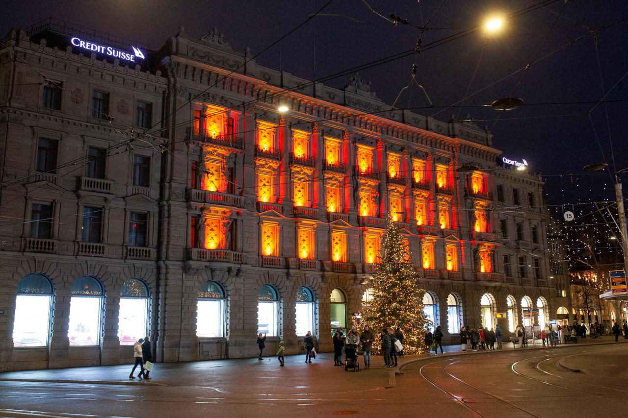 A Christmas tree is seen in front of the headquarters of Swiss bank Credit Suisse in Zurich