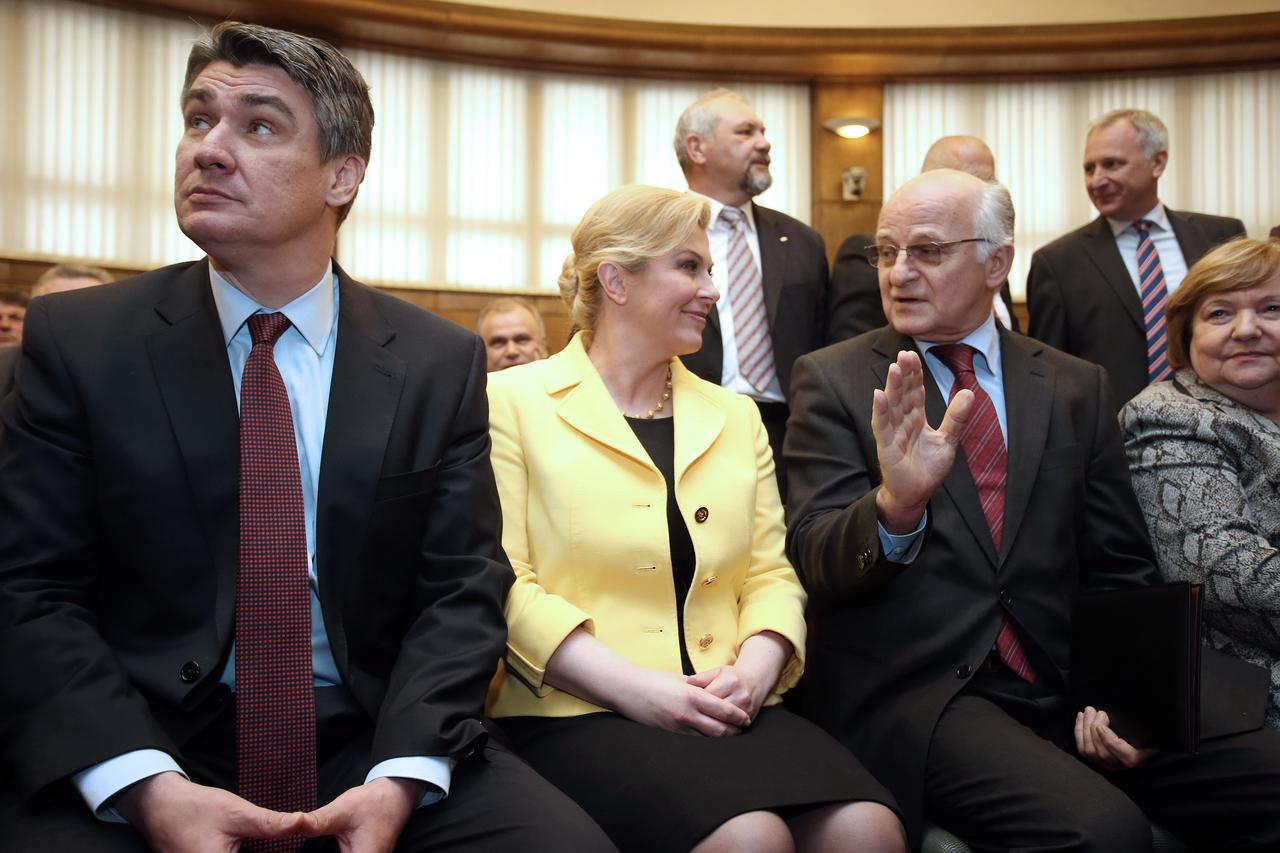 08.03.2015., Zagreb - U dvorani Josipa Sokcevica obiljezen je Svjetski dan Roma. Zoran Milanovic, Kolinda Grabar Kitarovic, Josip Leko.  Photo: Sanjin Strukic/PIXSELL