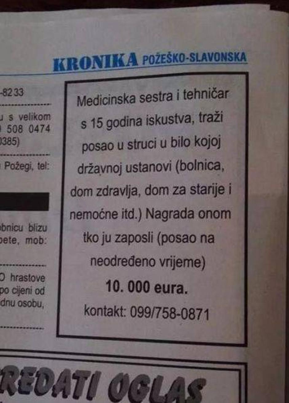 medicinska sestra,oglas,posao,mito