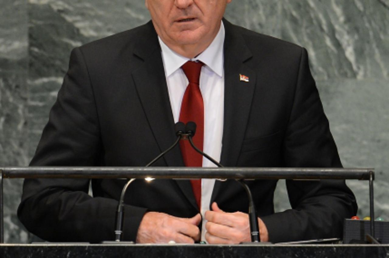 'Serbia\'s President Tomislav Nikolic addresses the 67th UN General Assembly at the United Nations headquarters in New York, September 25, 2012. AFP PHOTO/Emmanuel DUNAND'