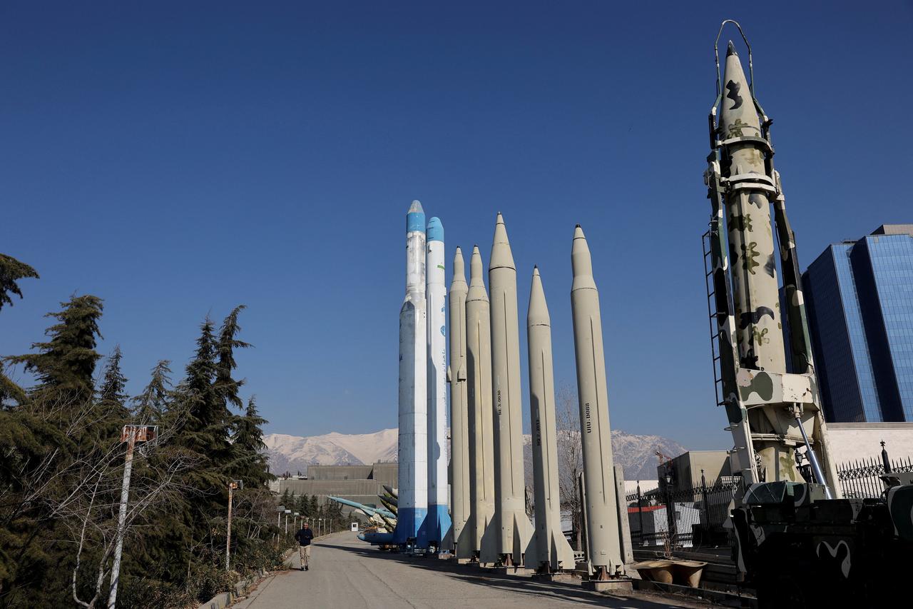Iranian missiles are displayed in a park in Tehran