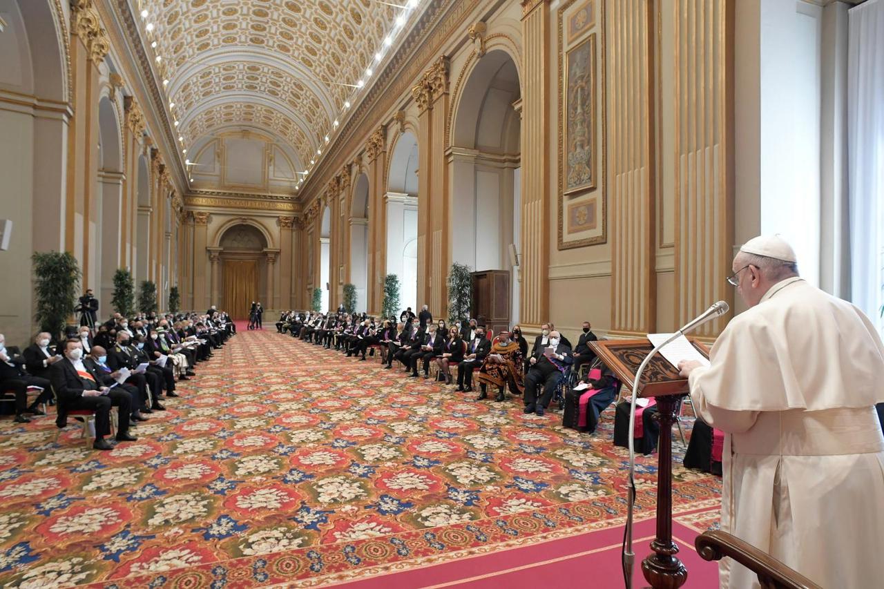 Pope Francis addresses members of the Diplomatic Corps accredited to the Holy See at the Vatican