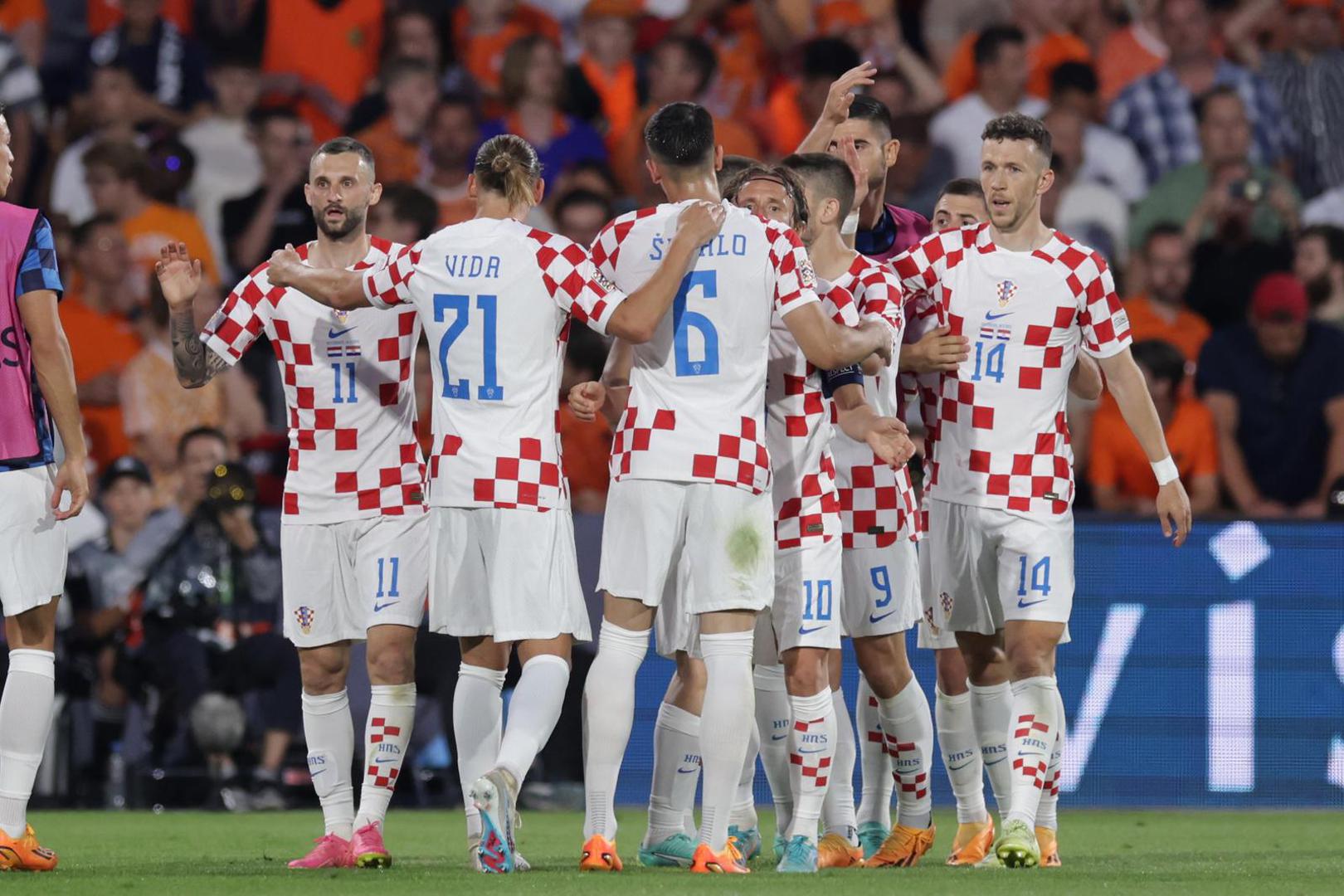 14.06.2023., stadion Feyenoord "De Kuip", Rotterdam, Nizozemska - UEFA Liga Nacija, polufinale, Nizozemska - Hrvatska. Nogometasi Hrvatske slave pogodak za 2:1. Photo: Luka Stanzl/PIXSELL