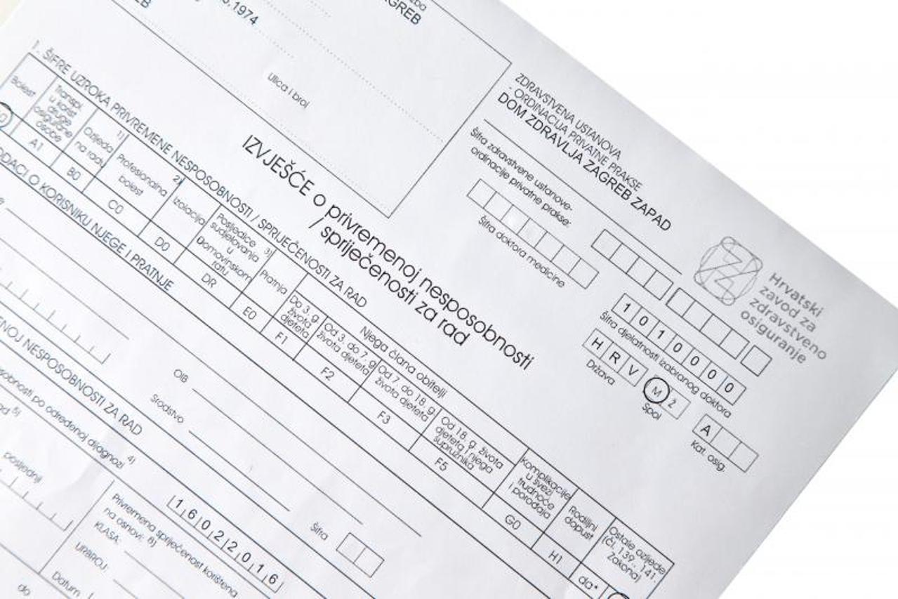 19.02.2016., Zagreb - Doznake - obrazac izvjesca o privremenoj nesposobnosti - sprijecenosti za rad. 