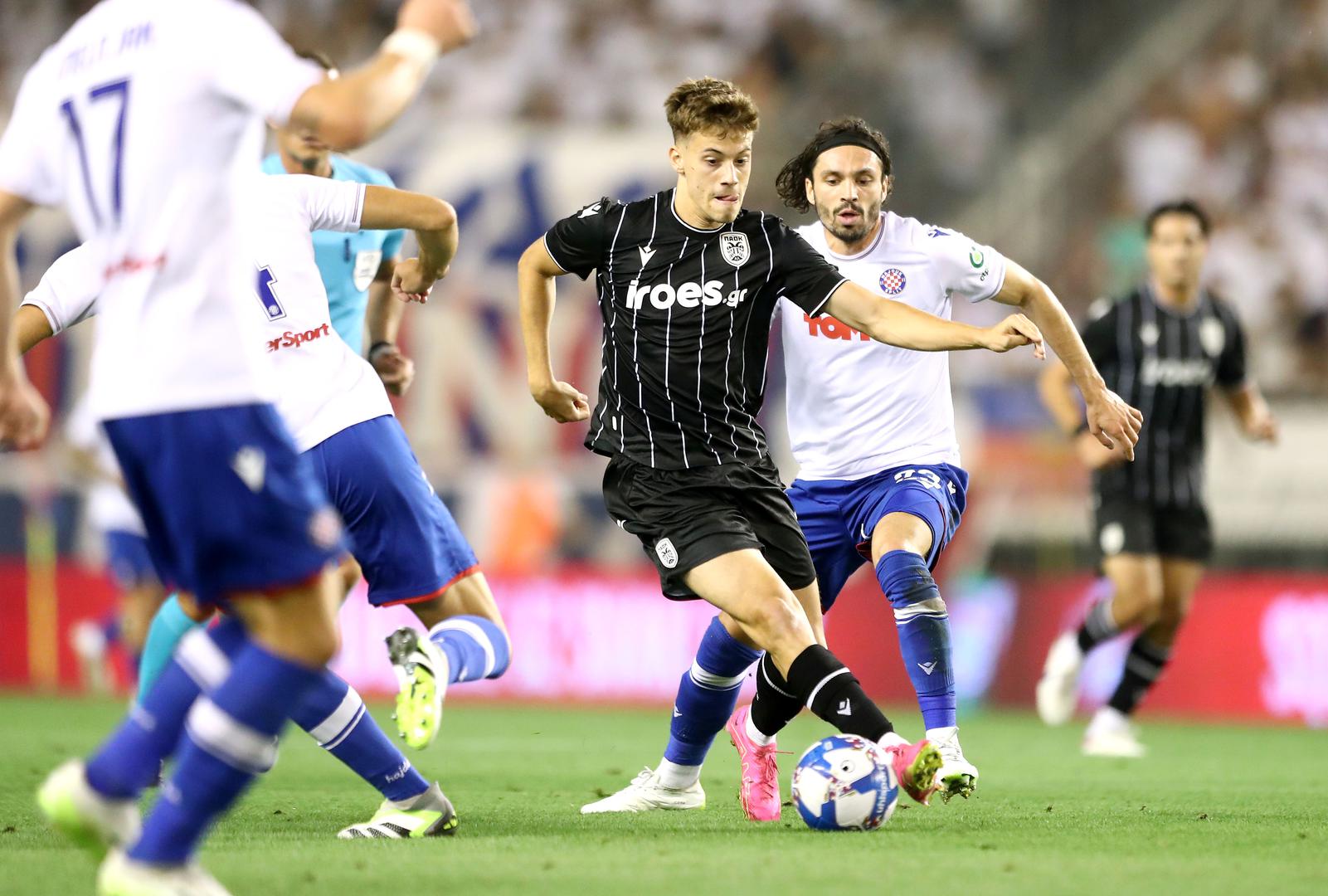 10.08.2023., stadion Poljud, Split - Prva utakmica 3. pretkola UEFA Konferencijske lige, HNK Hajduk - PAOK.  Ioannis Konstantelias, Filip Krovinovic Photo: Matija Habljak/PIXSELL