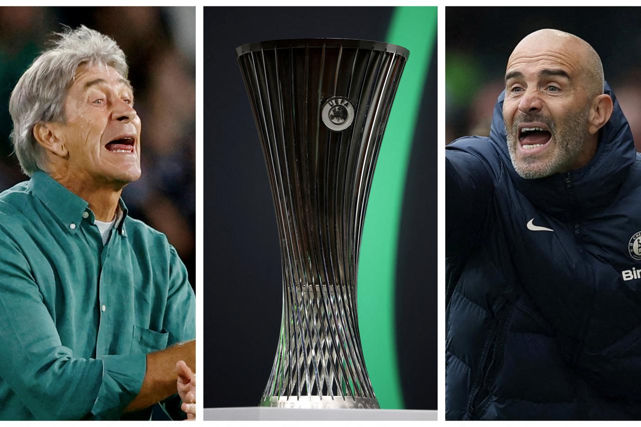 A combination picture shows Real Betis coach Manuel Pellegrini, the Europa Conference League trophy and Chelsea manager Enzo Maresca ahead of the Europa Conference League final