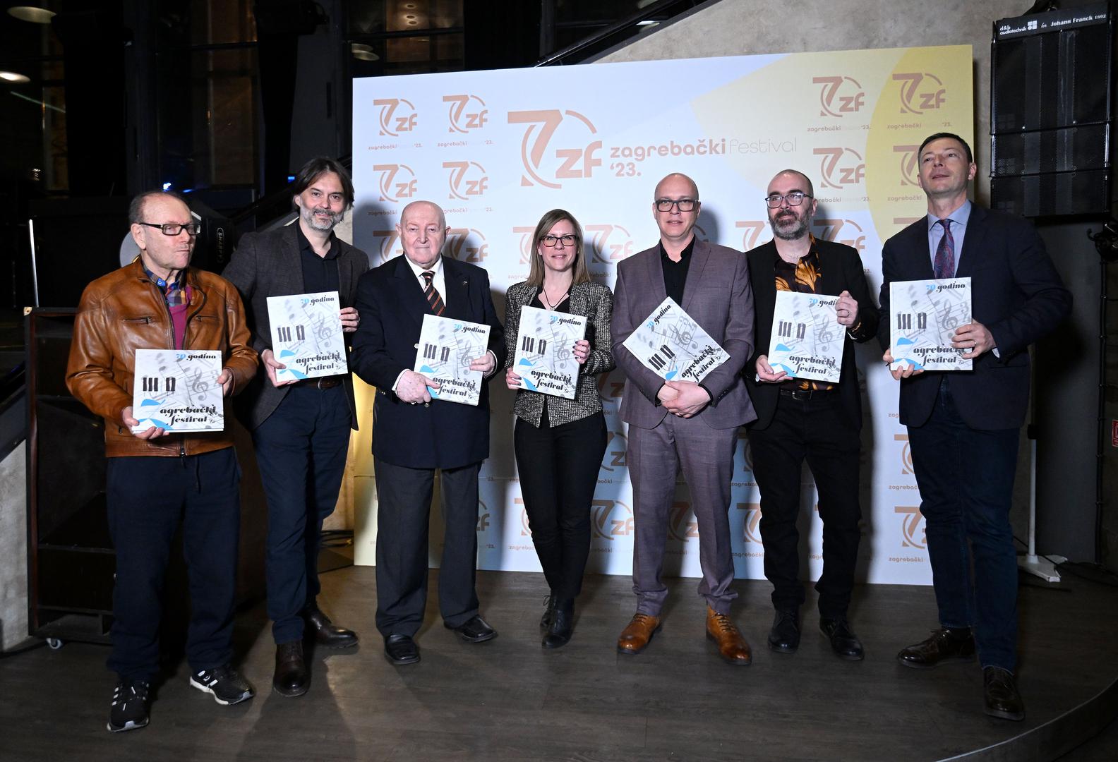 15.03.2023., Zagreb - 70 godina Zagrebackog festivala, promocija monografije i dodjela posebnog priznanja Dragi Diklicu. Alfi Kabiljo, Drazen Klaric, Drago DIklic, Petra Balija, Branimir Mihaljevic Photo: Marko Lukunic/PIXSELL