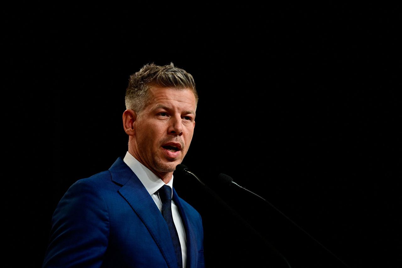 Peter Magyar holds a press conference a day after the parliamentary election in Budapest