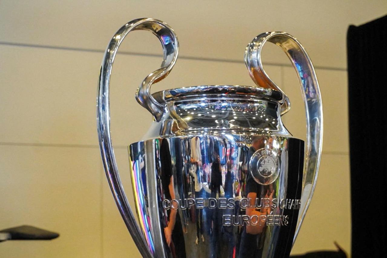 The UEFA Champions League trophy sits in the Super Bowl Media Center, in San Francisco
