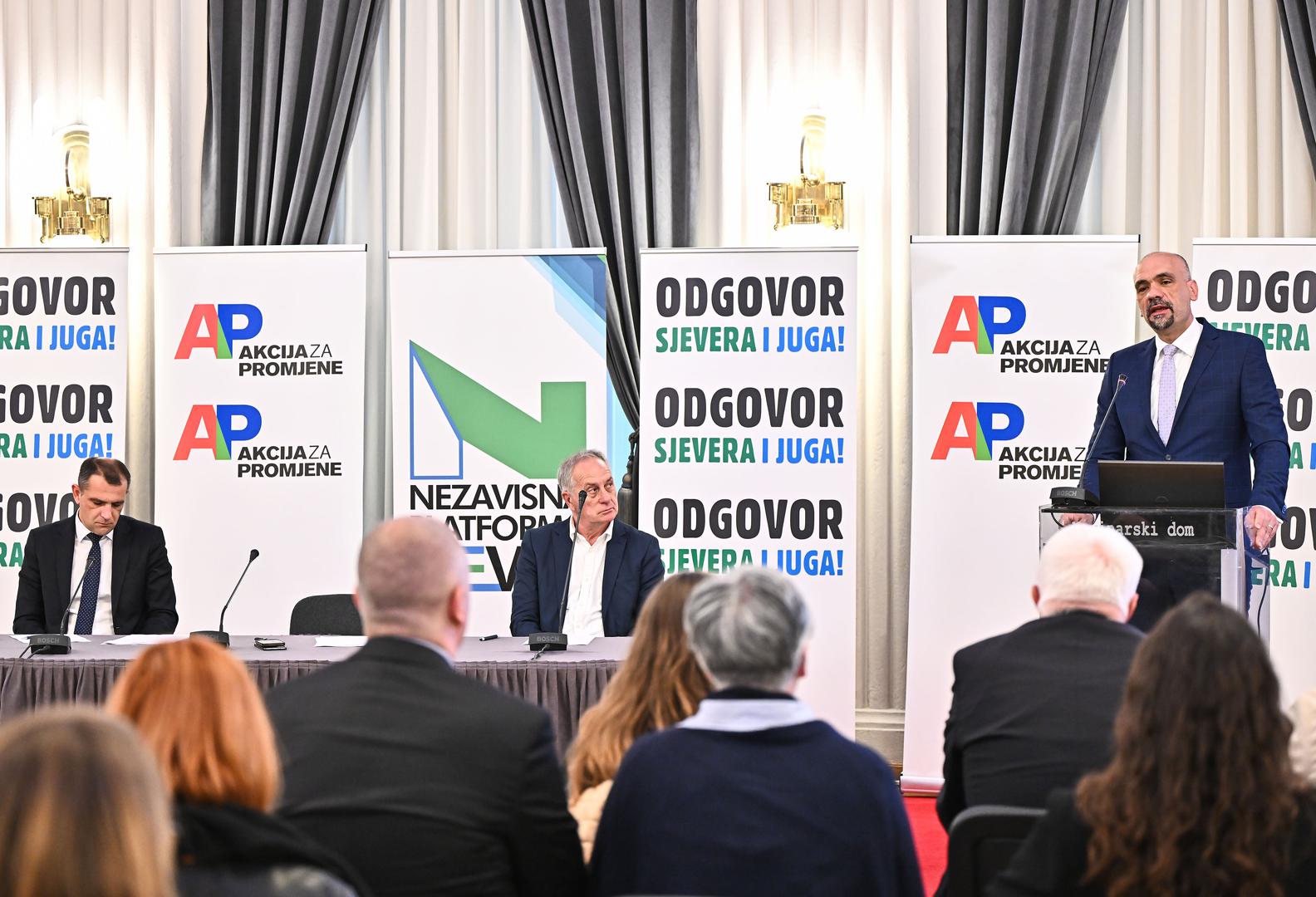 28.3.2024., Zagreb - Na tiskovnoj konferenciji Akcija za promjene predstavljena je koalicija s Agrarnom strankom te deklaracija o predizbornoj i postizbornoj suradnji s Nezavisnom Platformom Sjever pod nazivom "Odgovor sjevera i juga". Na tiskovnoj konferenciji sudjelovali su uz mnogobrojne goste, prijatelje i clanove dr.sc. Marko Jelic (AP), Matija Posavec (NPS) te Robert Hadzic (AS). Photo: Neva Zganec/PIXSELL