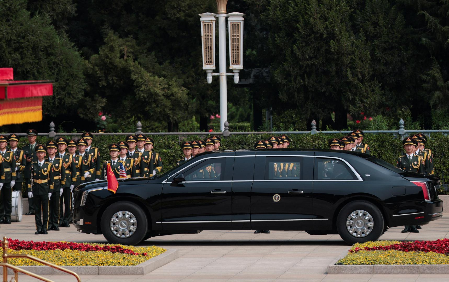 A vehicle carrying U.S. President Donald Trump arrives outside the Great Hall of the People in Beijing, China, May 14, 2026. REUTERS/Evan Vucci Photo: Evan Vucci/REUTERS