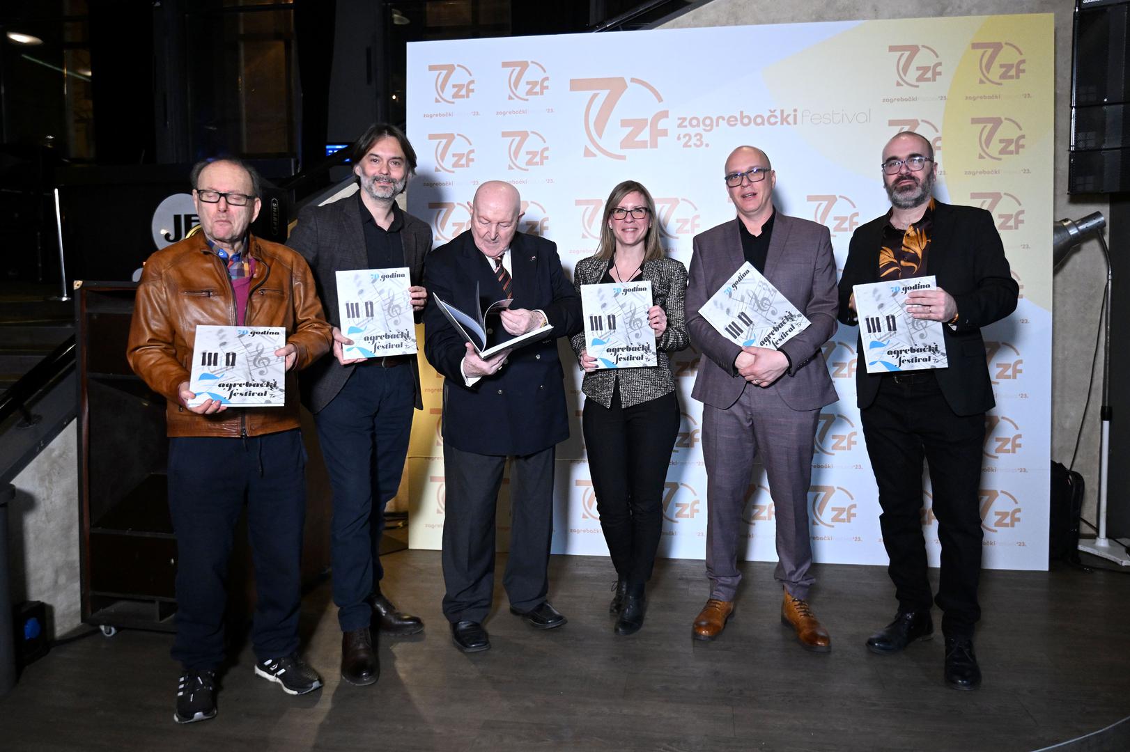 15.03.2023., Zagreb - 70 godina Zagrebackog festivala, promocija monografije i dodjela posebnog priznanja Dragi Diklicu. Alfi Kabiljo, Drazen Klaric, Drago DIklic, Petra Balija, Branimir Mihaljevic Photo: Marko Lukunic/PIXSELL