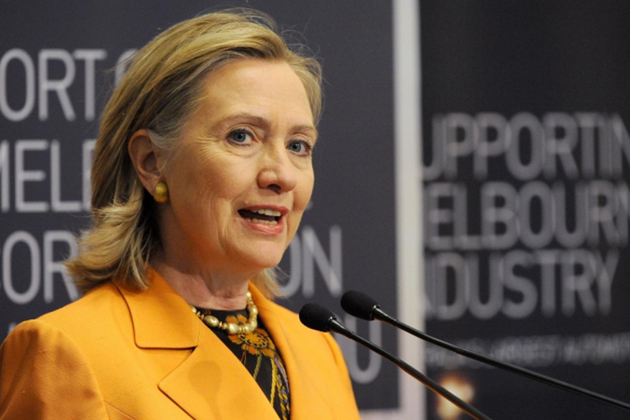 'US Secretary of State Hillary Clinton speaks to a gathering during a visit to the Port of Melbourne Corporation\'s education unit in Melbourne on November 7, 2010.  Australia is the final country on 