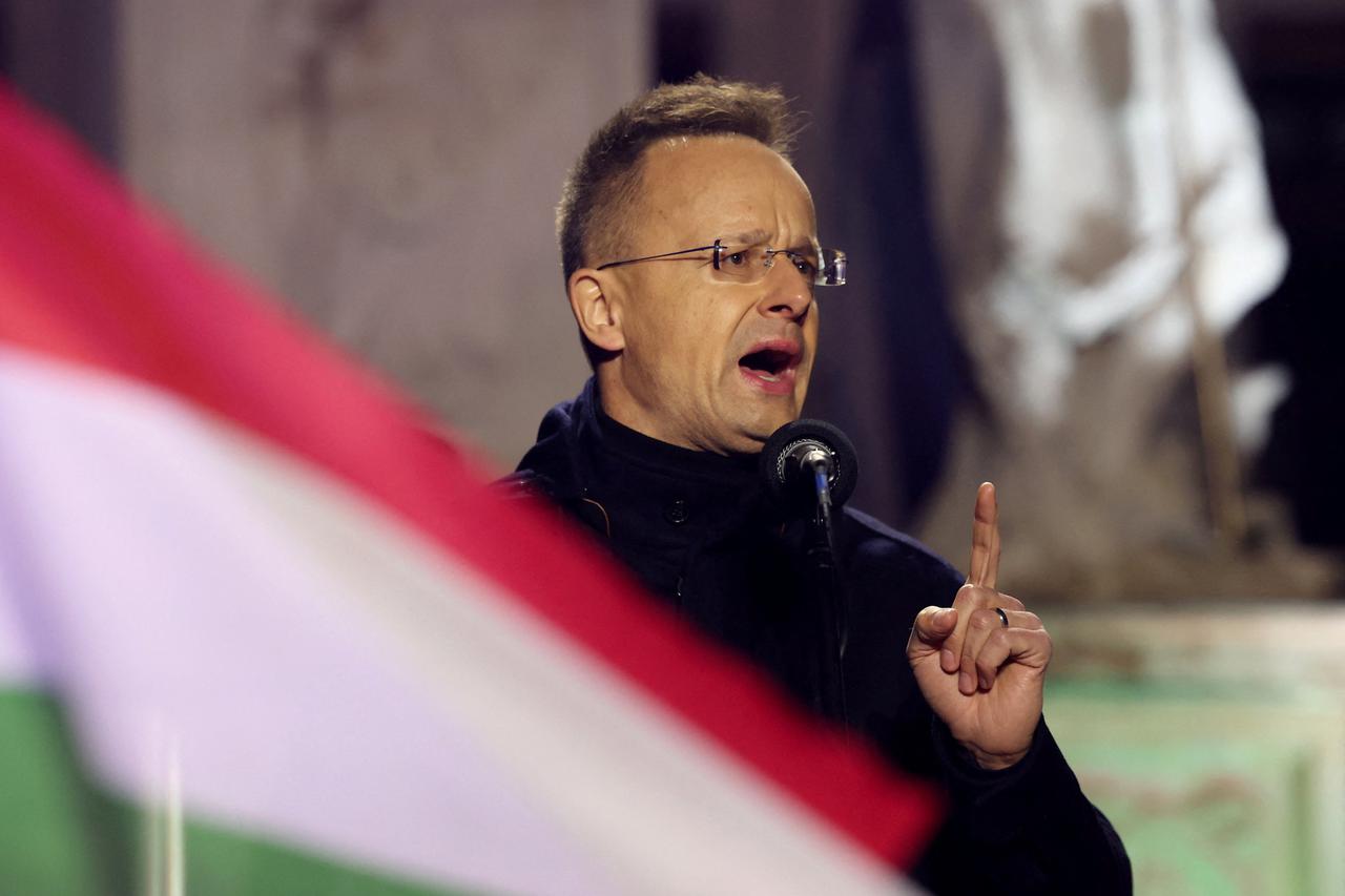 Hungarian Foreign Minister Szijjarto speaks during an election campaign rally in Gyor