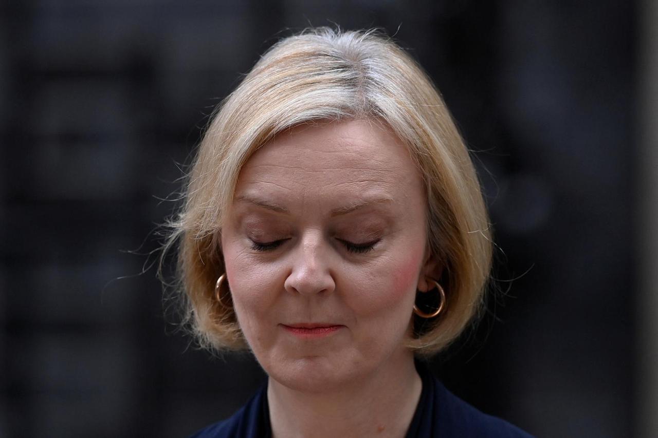 British Prime Minister Liz Truss announces her resignation, outside Number 10 Downing Street, London