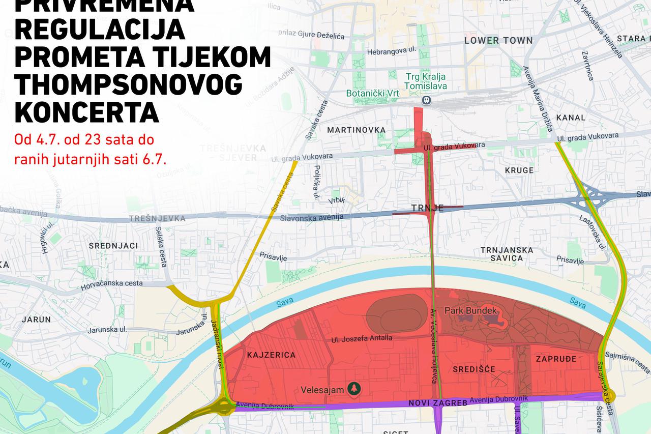 Infografika: Privremena regulacija prometa uoči i tijekom Thompsonovog koncerta