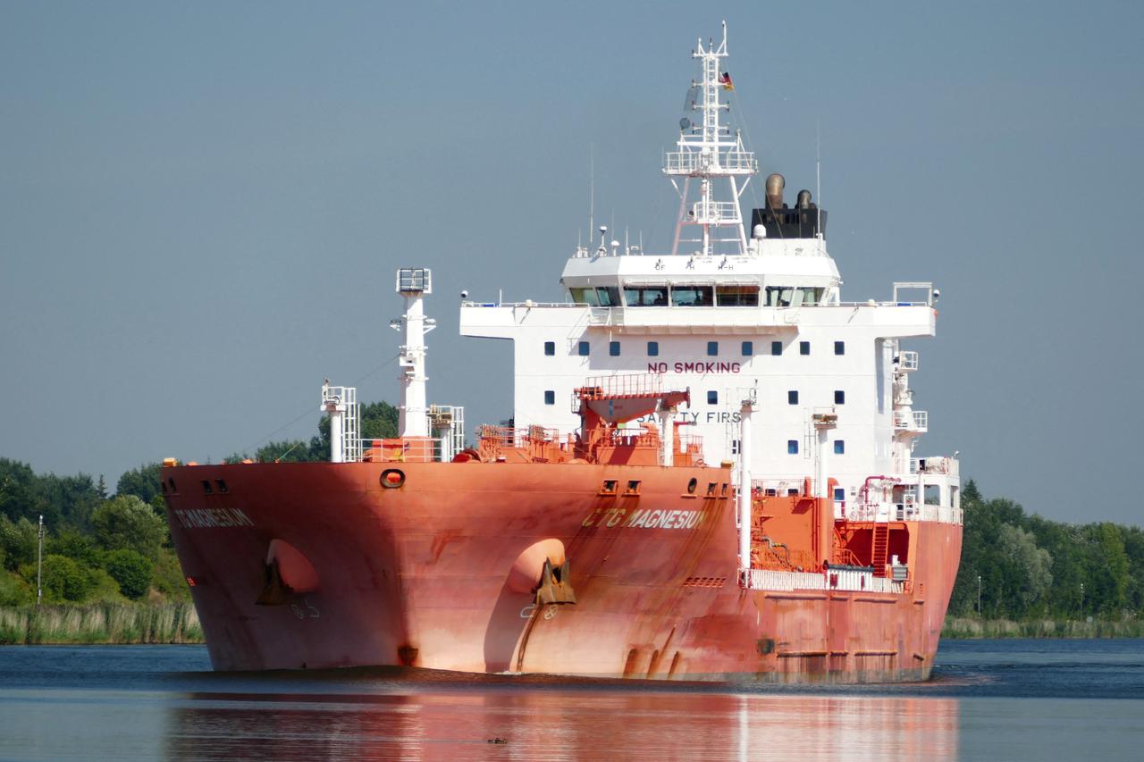 A picture taken August 17, 2020 shows the chemical tanker Stolt Magnesium, which caught fire on Tuesday following the "explosion of an unidentified external device" as it was sailing in the Arabian Sea off the coast of Oman, in Rendsburg-Eckernforde